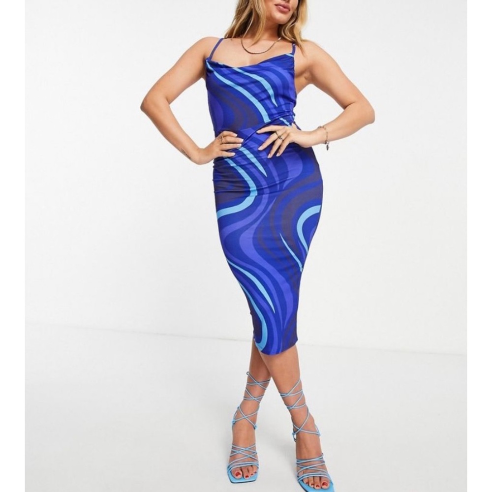 ASOS DESIGN Cowl Neck Blue Swirl Midi Dress Size 4 New